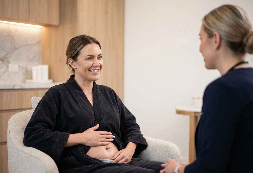 Confident patient after mini abdominoplasty surgery with flatter and firmer abdominal contour