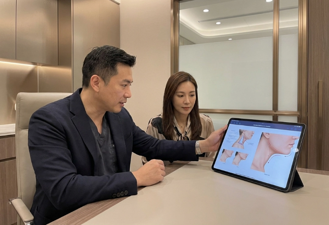 Patient consulting with a surgeon about neck lift with liposuction surgery in a luxury clinic