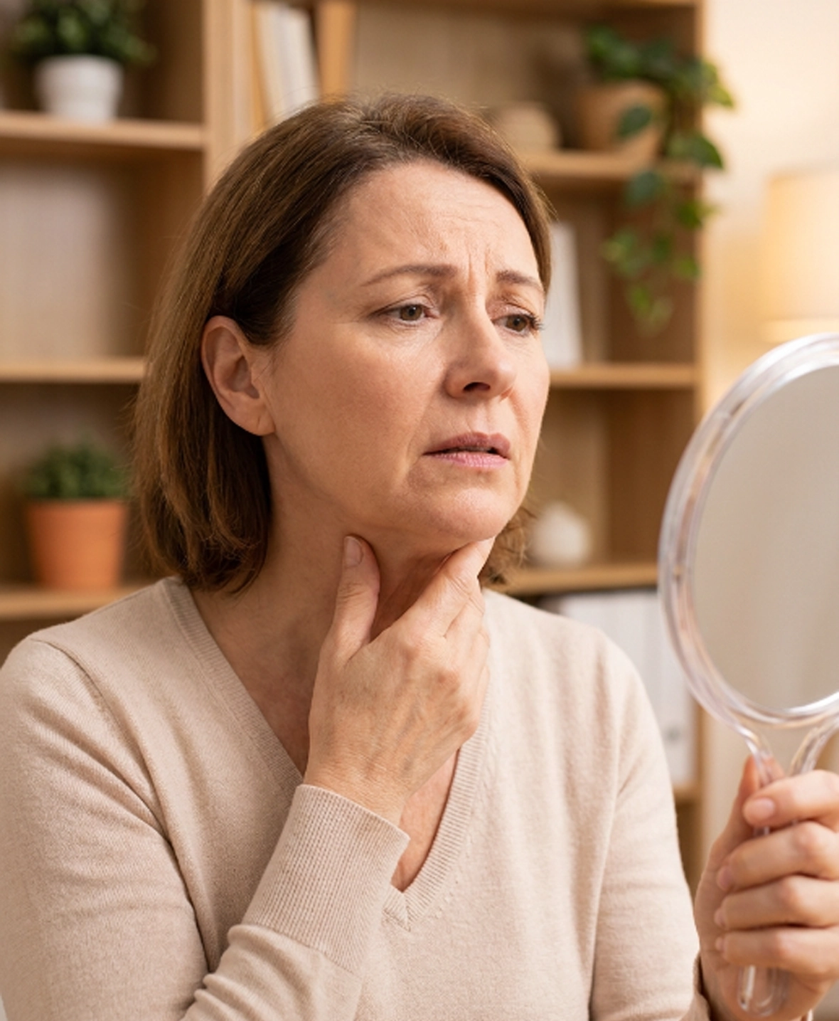 Common causes of excess neck fat and loose skin including ageing and weight fluctuations