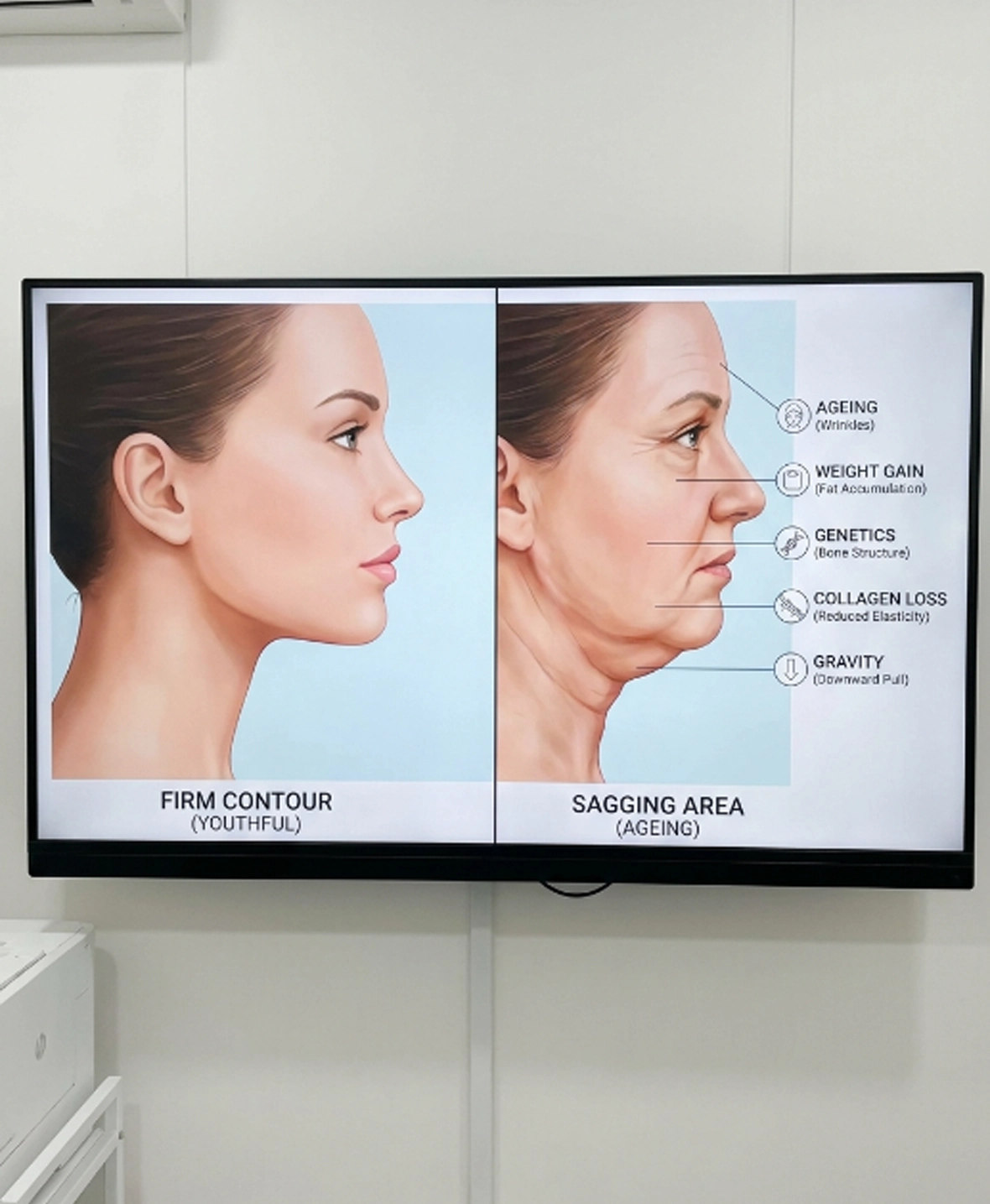 Patient examining double chin and loose neck skin before neck lift with liposuction surgeryPatient examining double chin and loose neck skin before neck lift with liposuction surgery