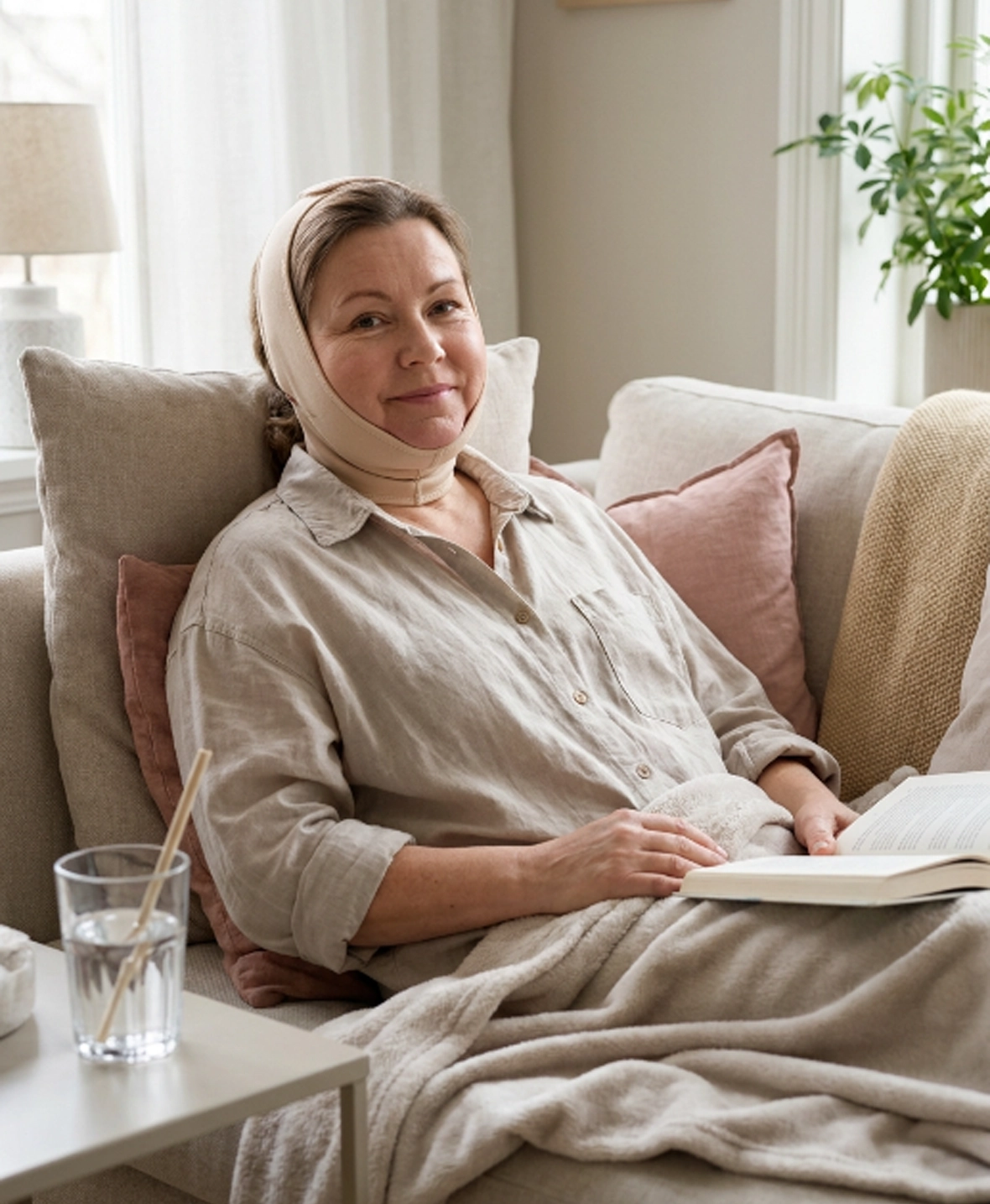 Patient recovering after neck lift with liposuction while wearing a neck compression garment