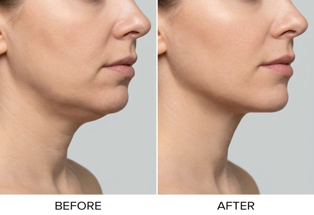 Before and after neck lift with liposuction showing improved neck contour and jawline definition