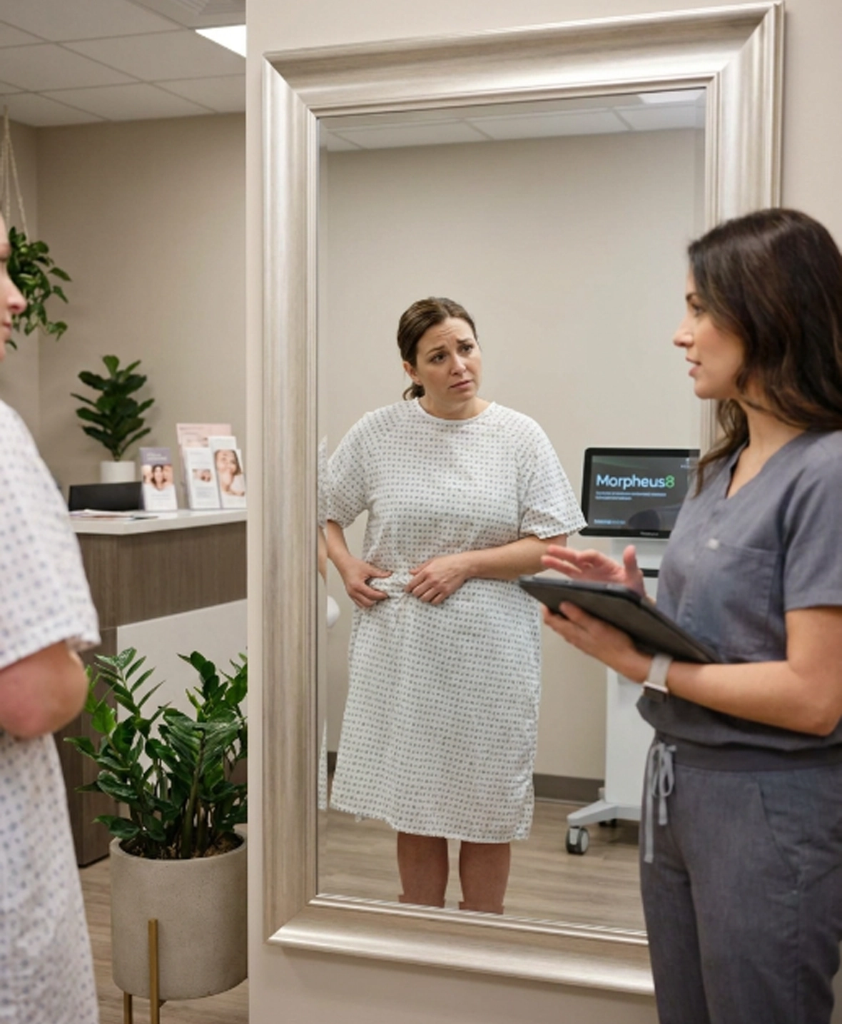 Patient examining loose skin and stretch marks before Morpheus8 body sculpting treatment