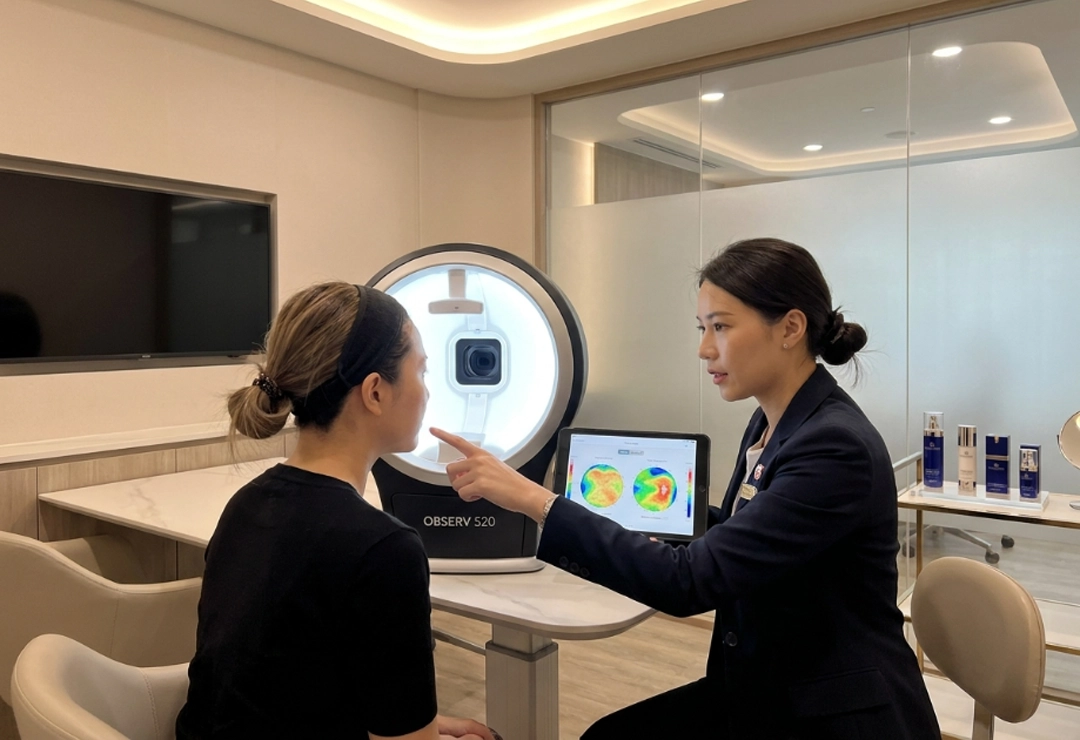 Patient receiving OBSERV 520 advanced skin analysis in a luxury aesthetic clinic