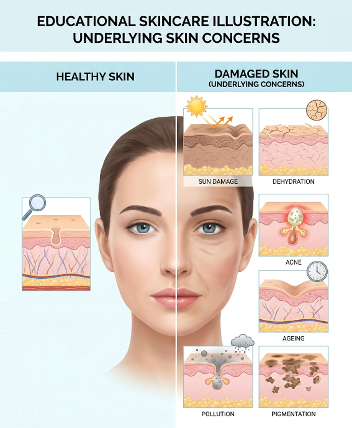 Common causes of hidden skin concerns including sun damage, pigmentation, and dehydration