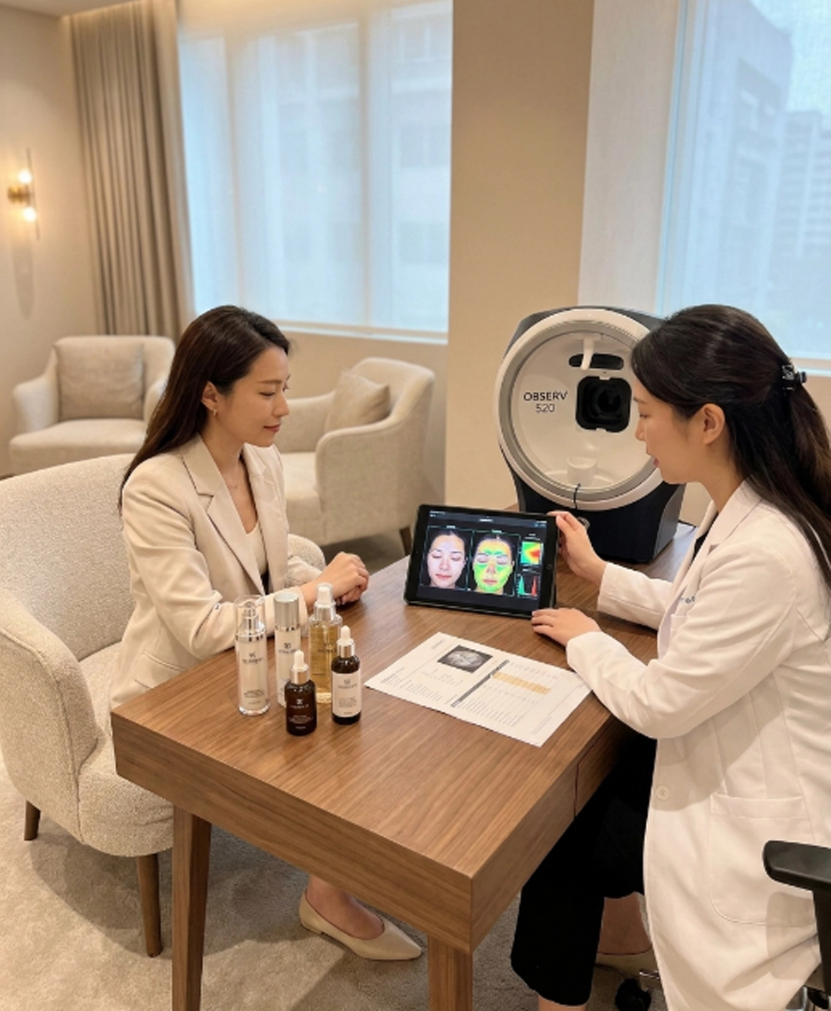 Patient reviewing personalised skincare recommendations after OBSERV 520 skin analysis