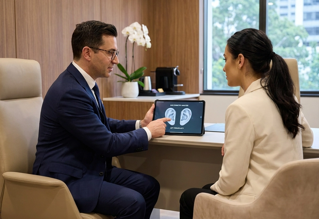 Patient consulting with a surgeon about one-ear pinnaplasty otoplasty surgery in a luxury clinic