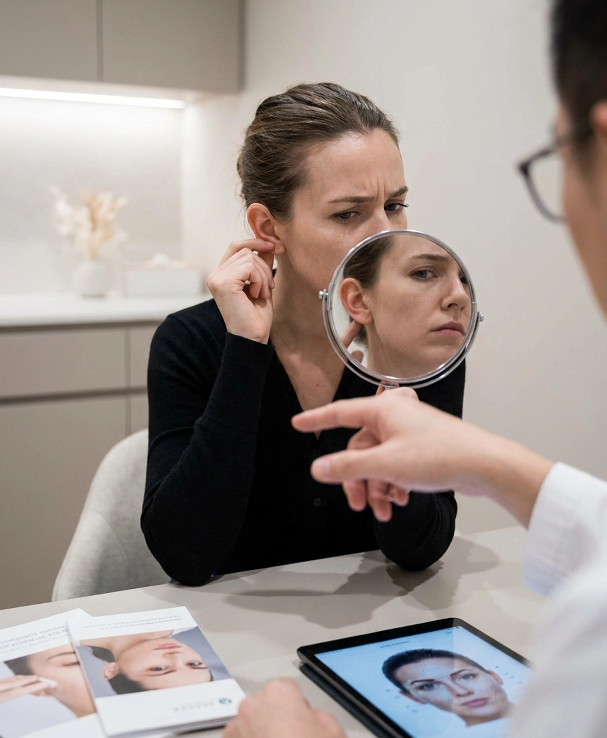 Patient examining one prominent ear before pinnaplasty otoplasty surgery