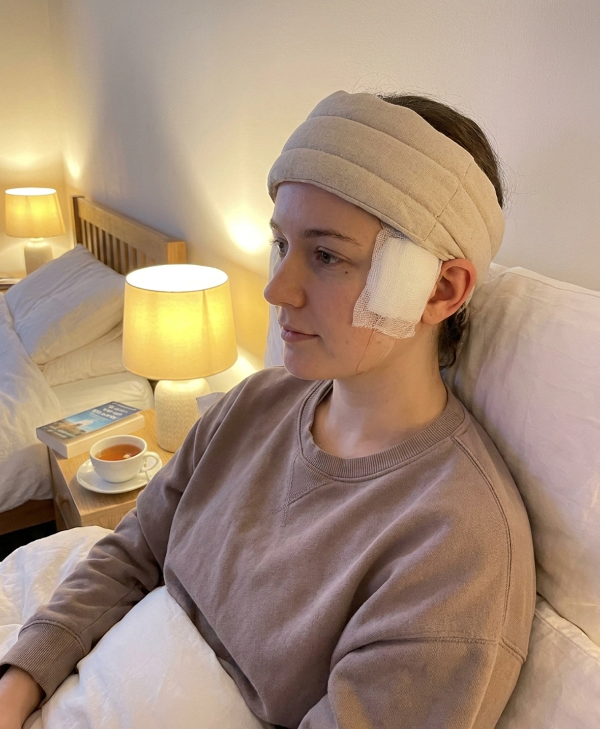 Patient recovering after one-ear pinnaplasty surgery while wearing a protective headband