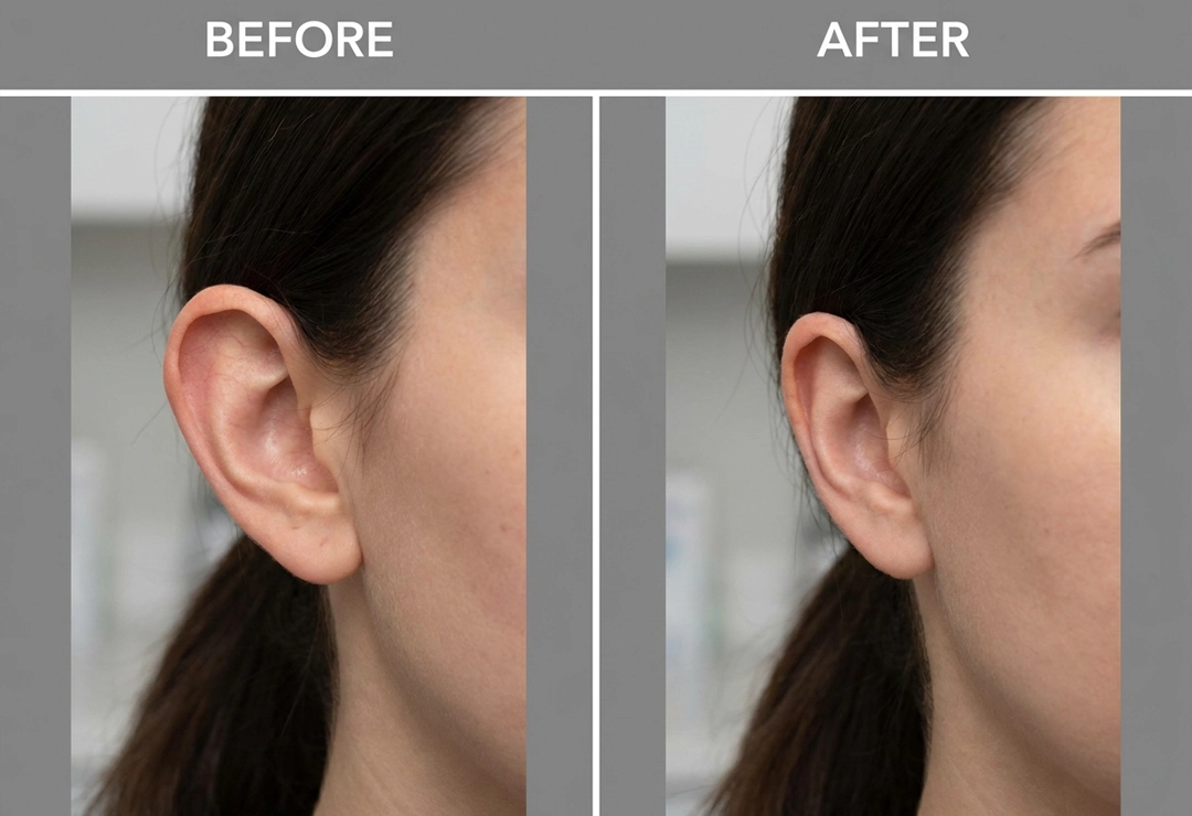 Before and after one-ear pinnaplasty surgery showing improved ear symmetry and facial balance