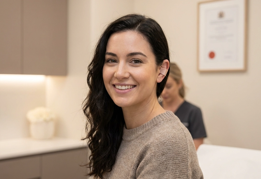 Confident patient after one-ear pinnaplasty surgery with improved ear symmetry and contour