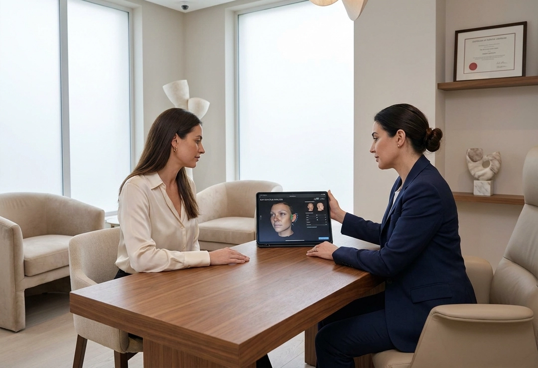 Patient consulting with a surgeon about pinnaplasty otoplasty ear reshaping surgery in a luxury clinic