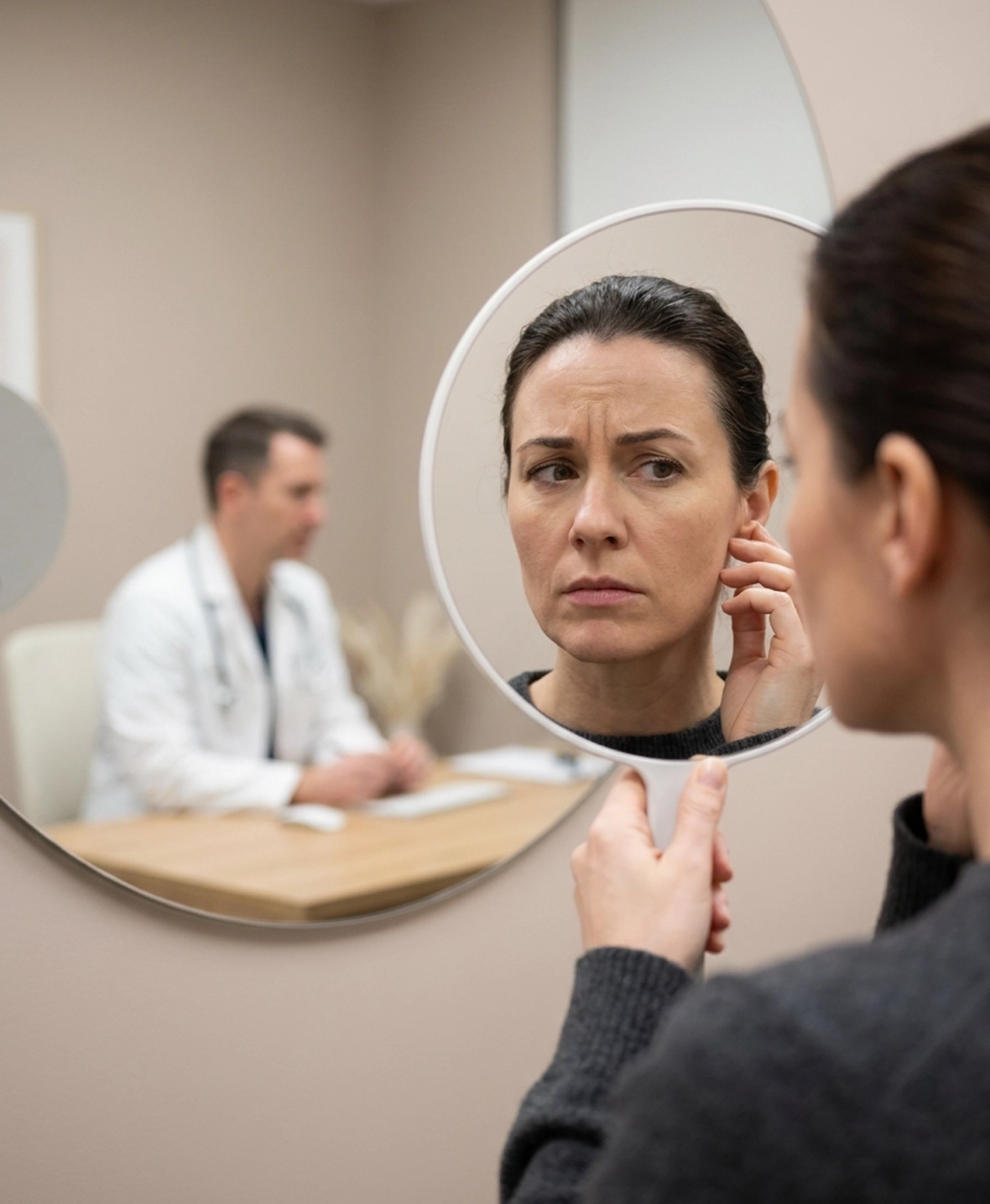 Patient examining prominent ears before pinnaplasty otoplasty surgery