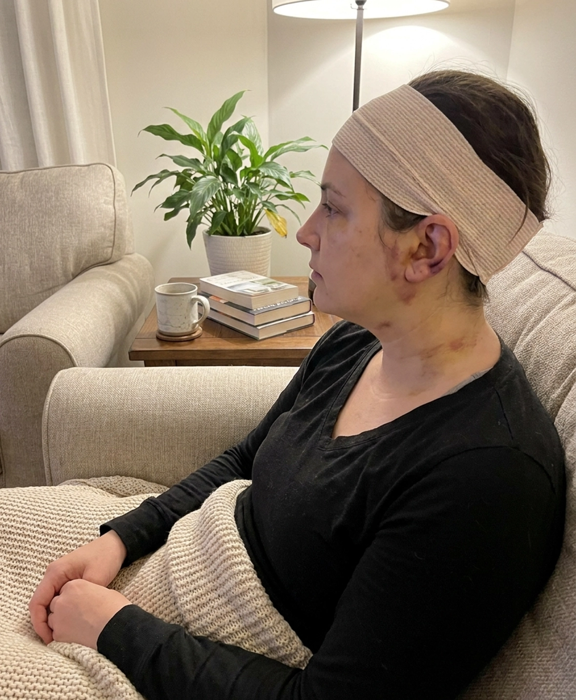 Patient recovering after pinnaplasty surgery while wearing a protective headband