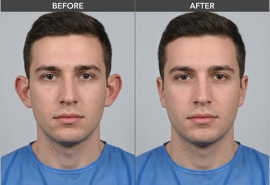 Before and after pinnaplasty surgery showing improved ear shape and facial balance