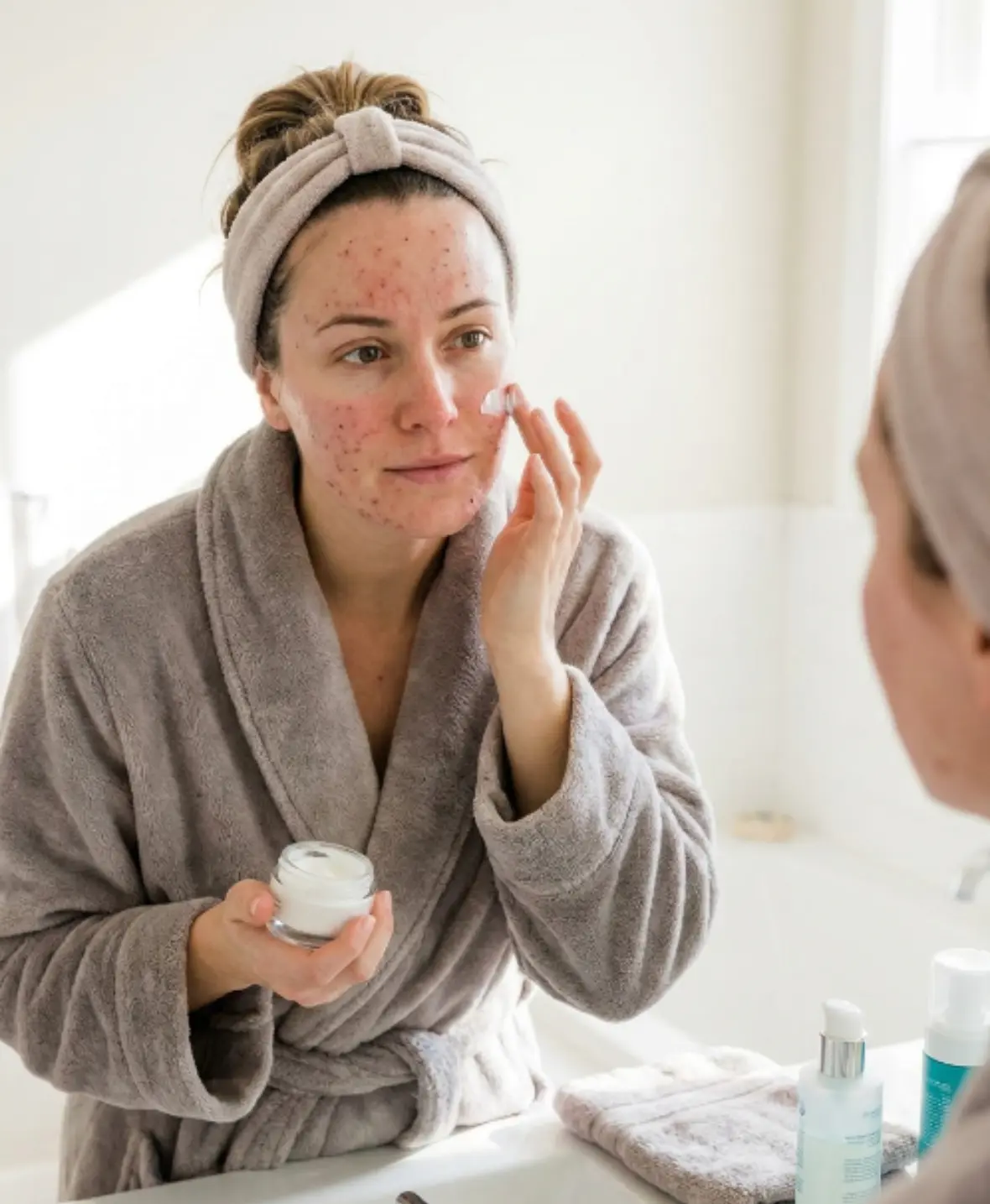 Patient applying moisturiser during recovery after Plasma IQ skin tightening treatment