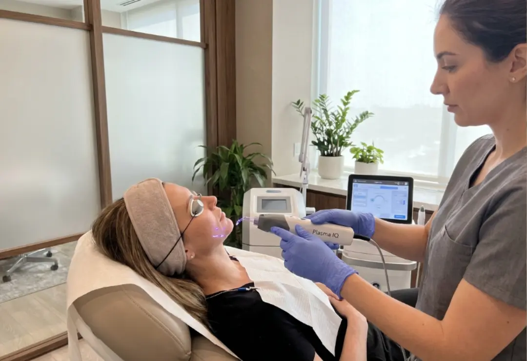 Professional Plasma IQ skin tightening treatment being performed in a luxury aesthetic clinic