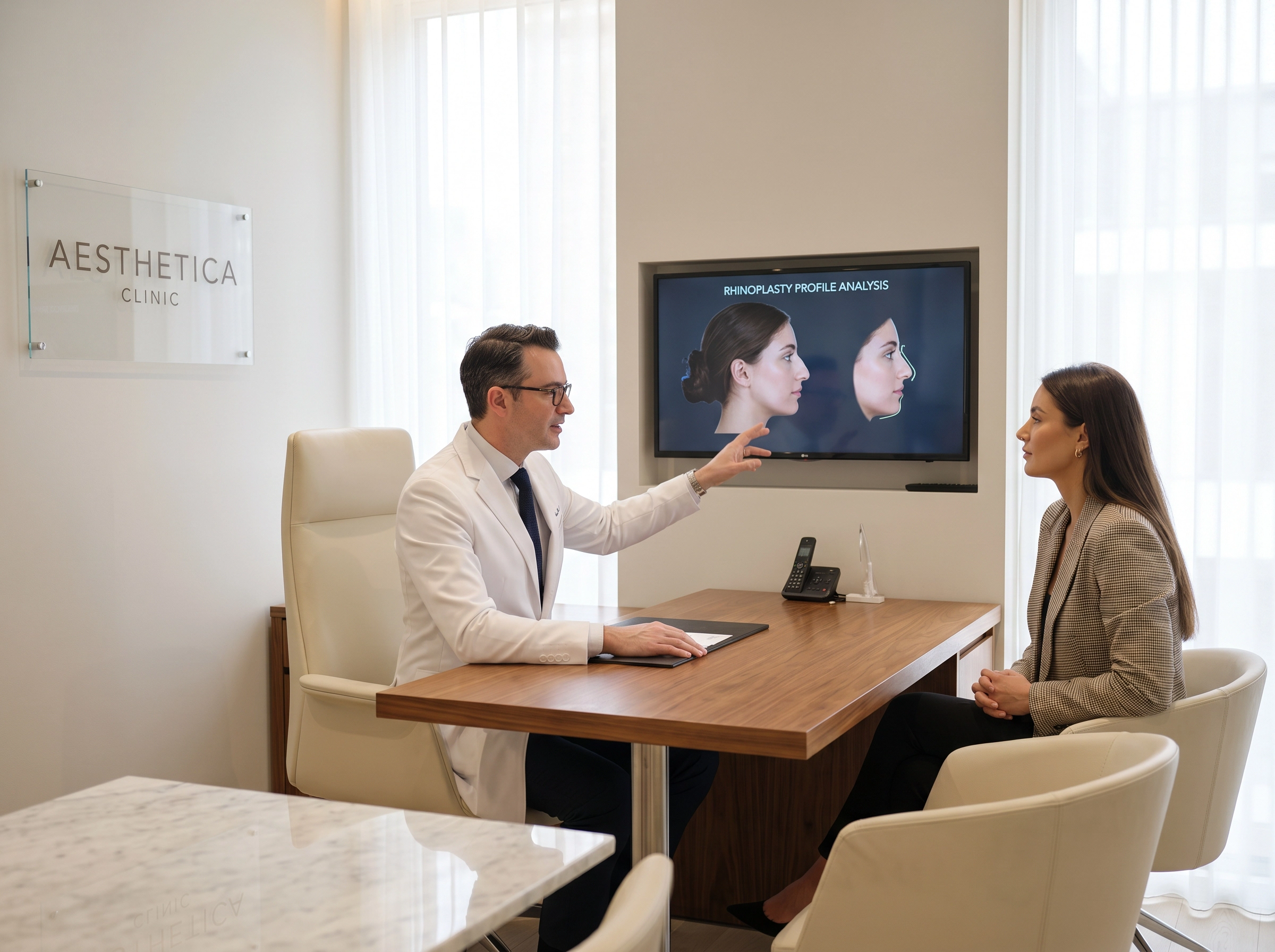 Patient consulting with a surgeon about rhinoplasty surgery in a private cosmetic clinic