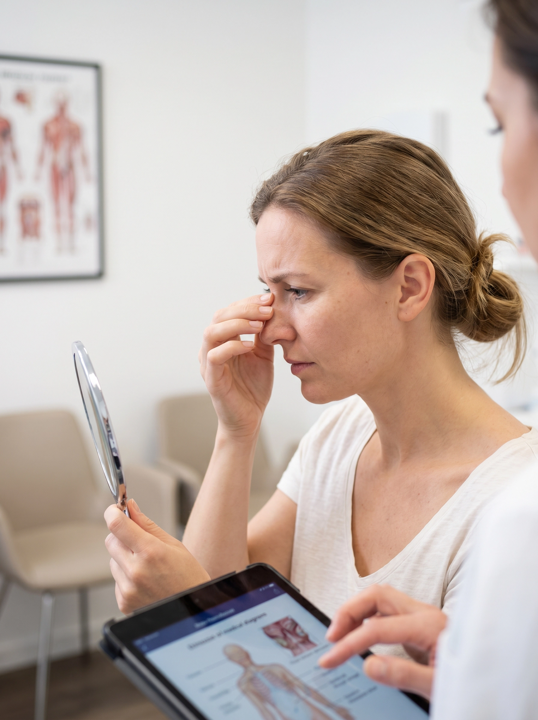 Patient examining nose shape and profile concerns before rhinoplasty surgery