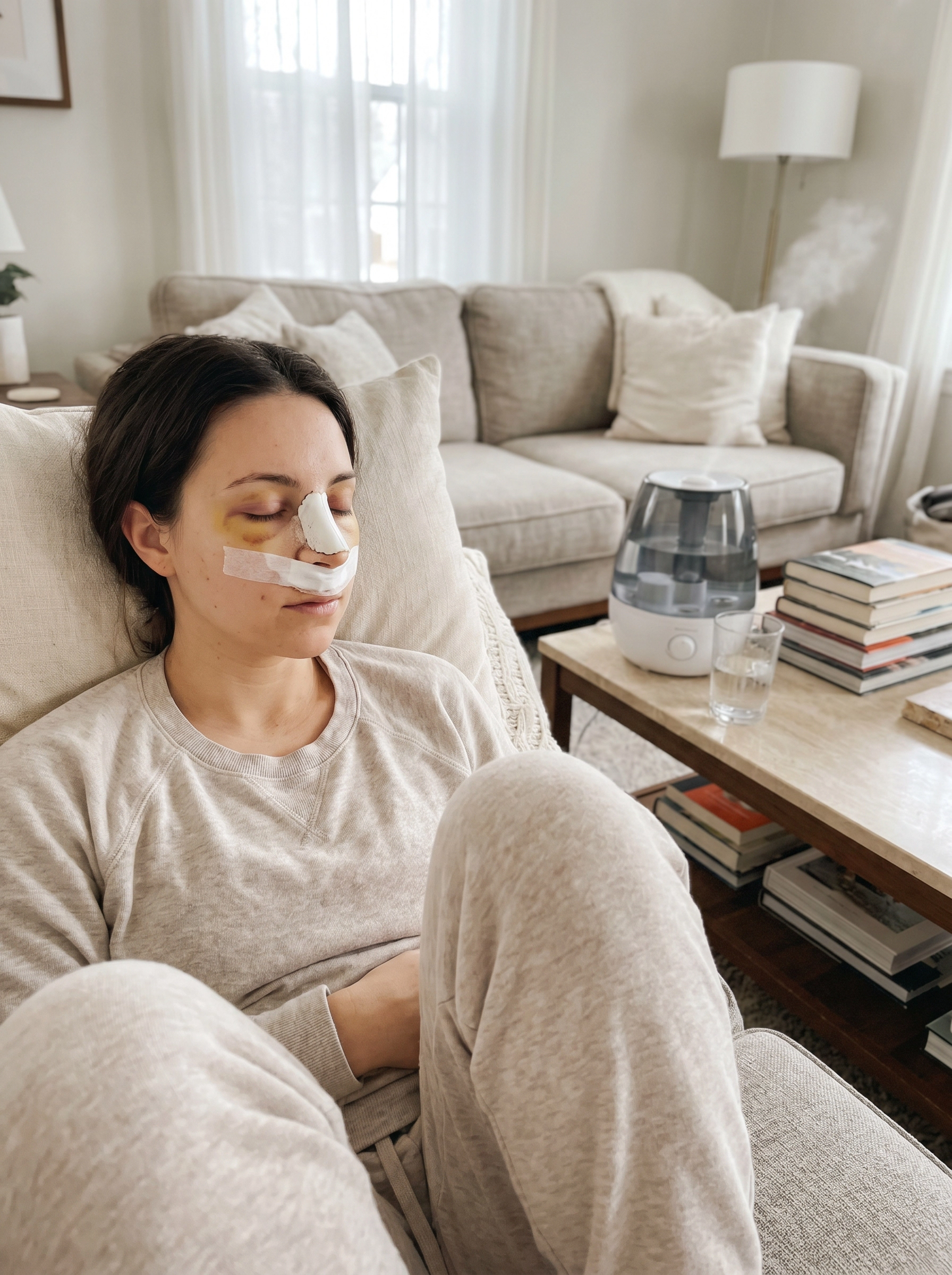 Patient recovering after rhinoplasty surgery while wearing a nasal splint
