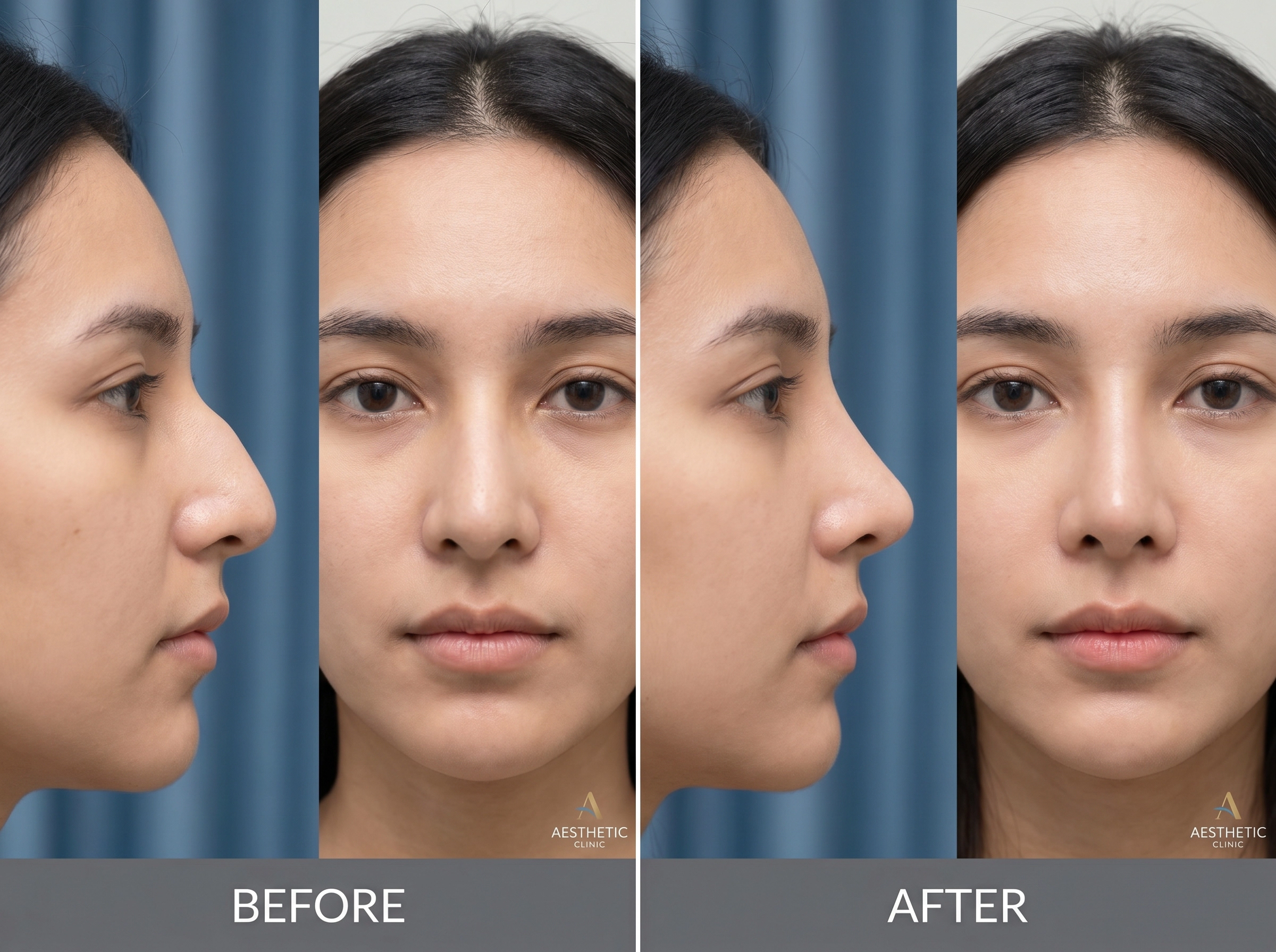 Before and after rhinoplasty showing improved nose shape and facial balance