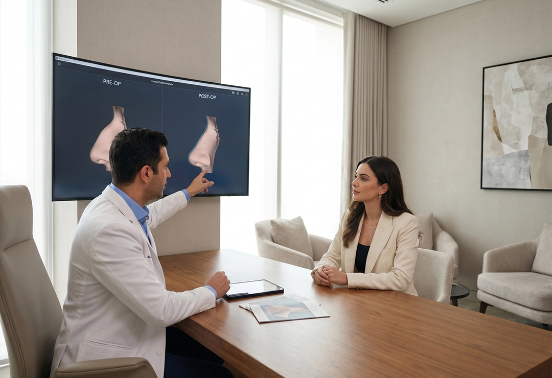 Patient consulting with a surgeon about rhinoplasty with overnight stay in a private cosmetic clinic