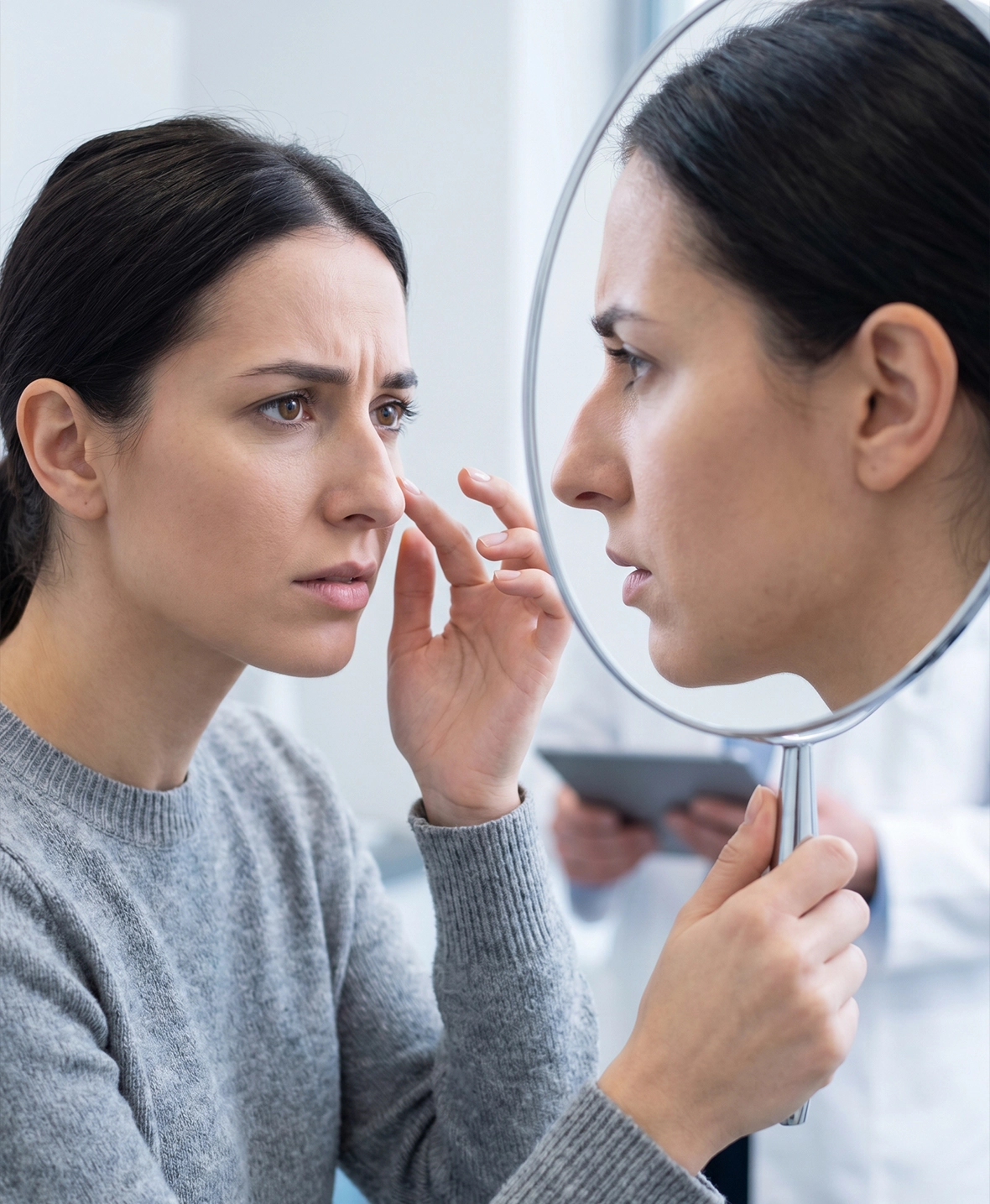 Patient examining nose shape and facial profile concerns before rhinoplasty surgery