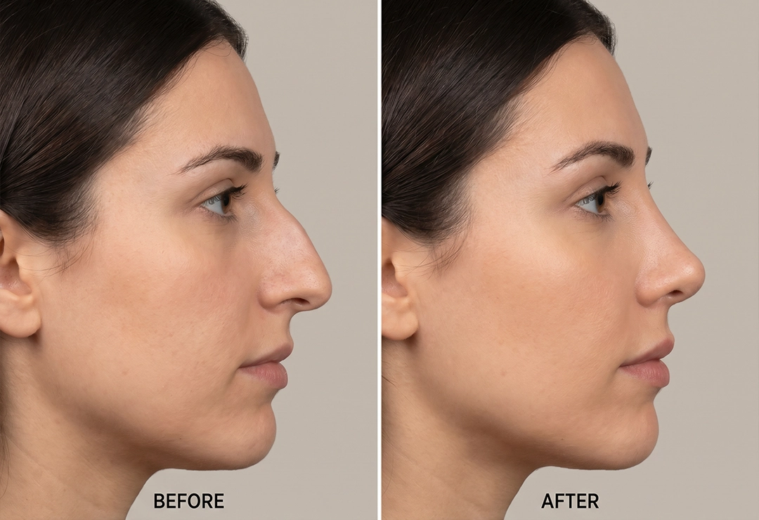 Before and after rhinoplasty showing improved nose shape and facial harmony