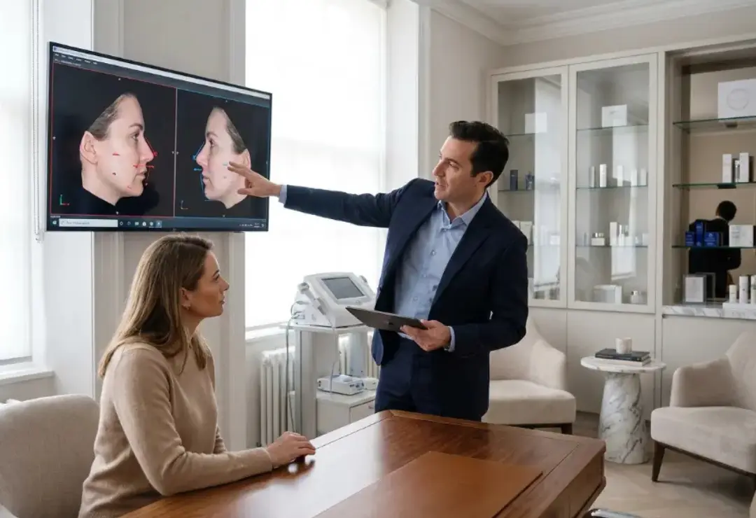Patient consulting with a surgeon about rhinoplasty with fat grafting in a private cosmetic clinic