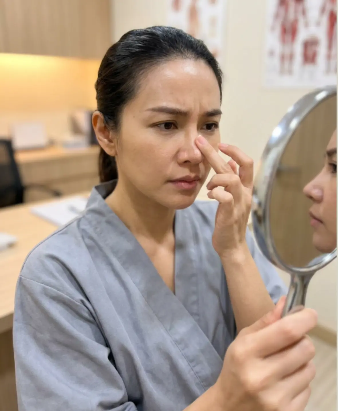 Patient examining nose shape and facial profile before rhinoplasty with fat grafting