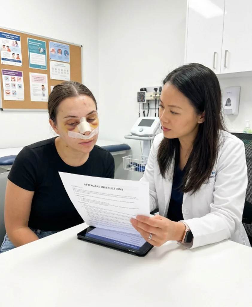Mild swelling and bruising during recovery after rhinoplasty with fat grafting
