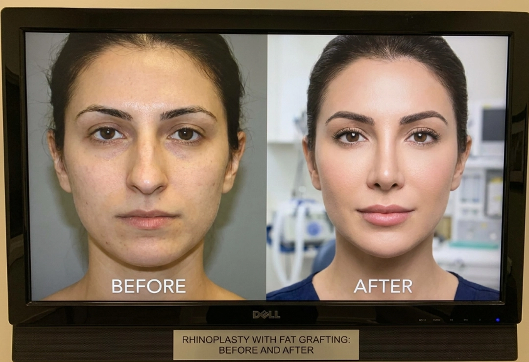 Before and after rhinoplasty with fat grafting showing improved nose shape and facial harmony