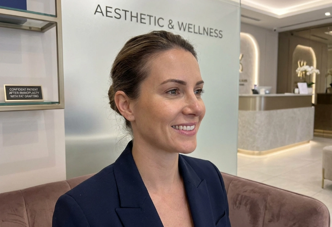 Confident patient after rhinoplasty with fat grafting showing natural facial enhancement