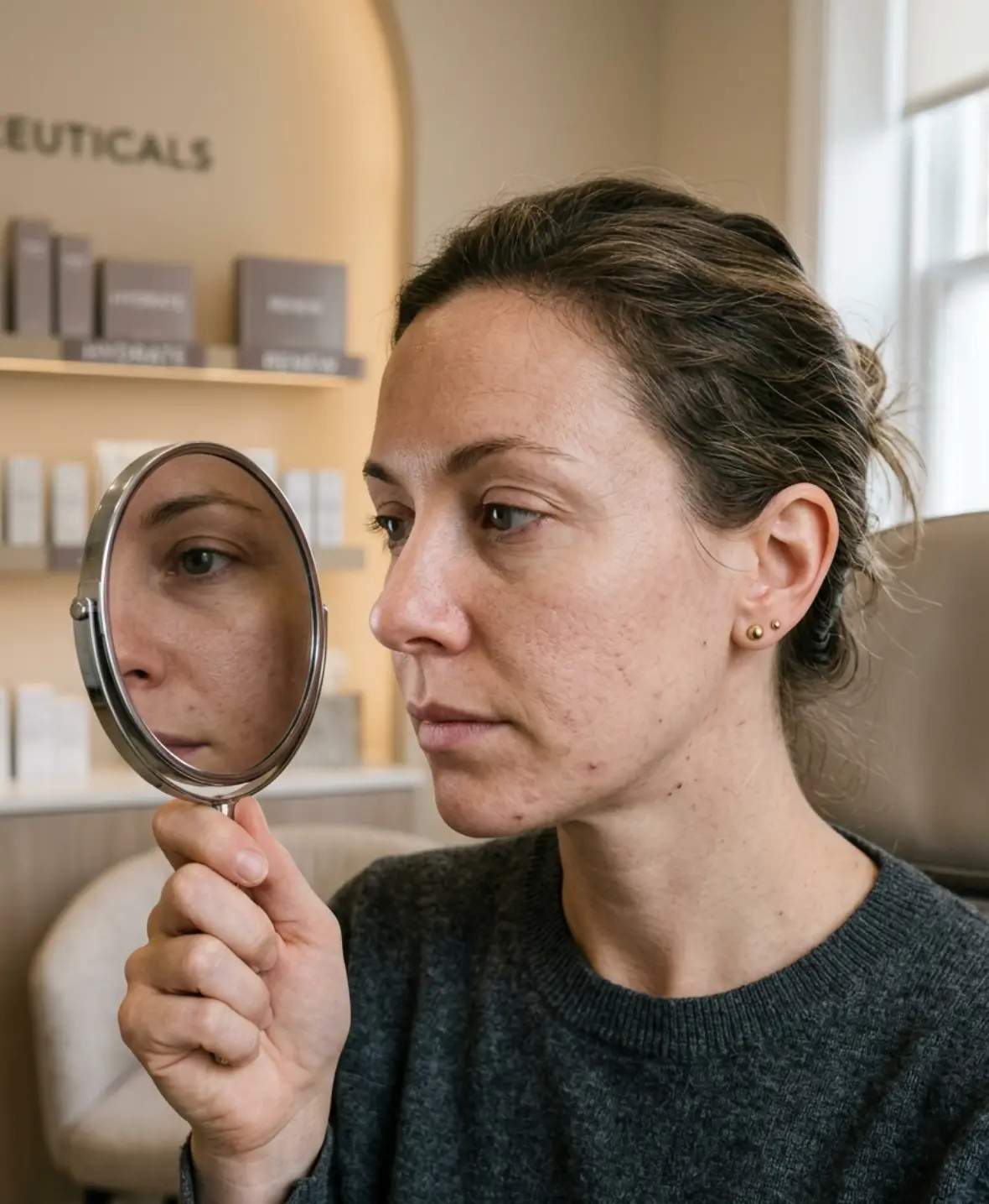 Woman examining dull skin, fine lines, and uneven texture before retinol peel treatment