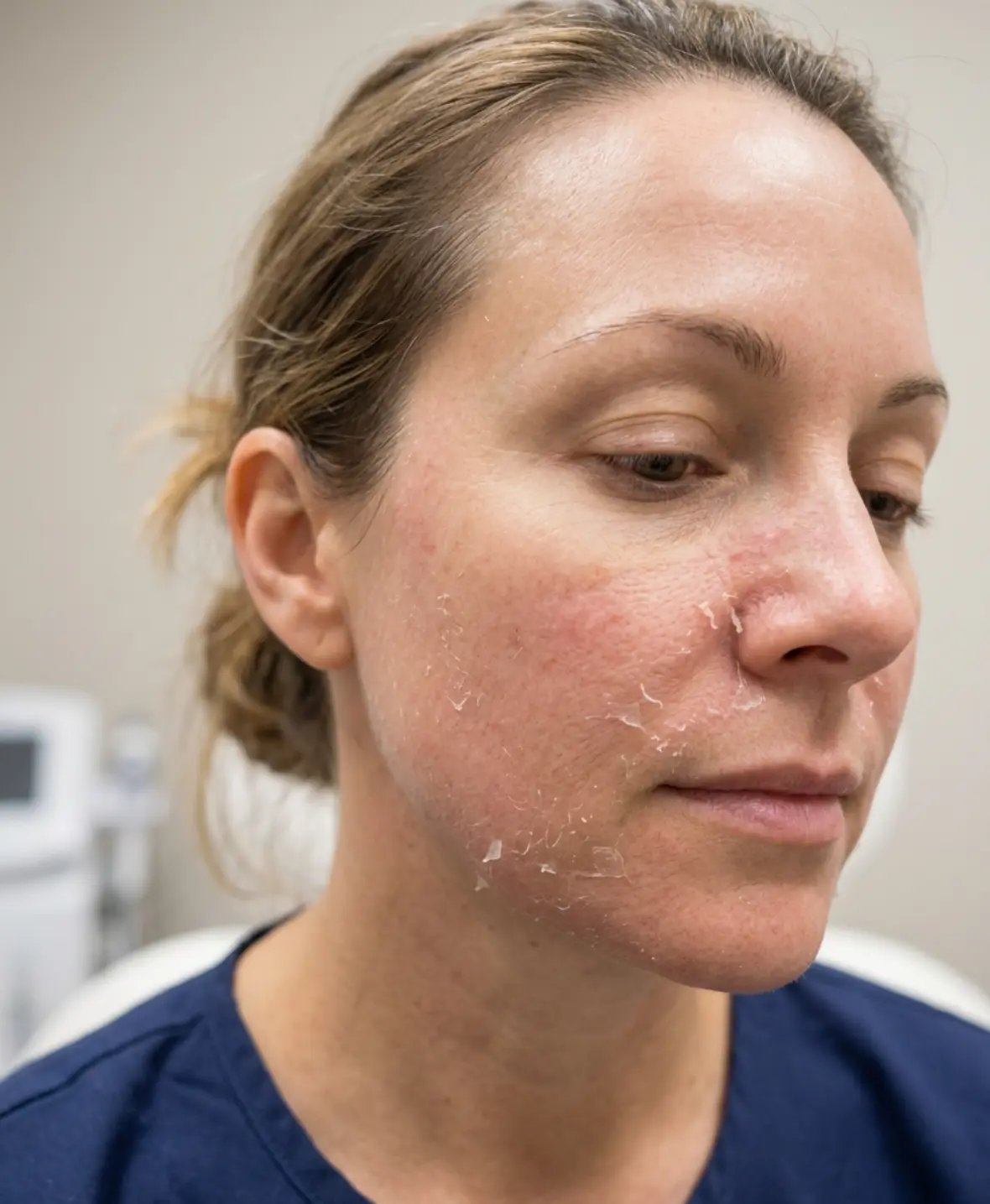 Mild redness and peeling after retinol peel treatment during the normal skin renewal process
