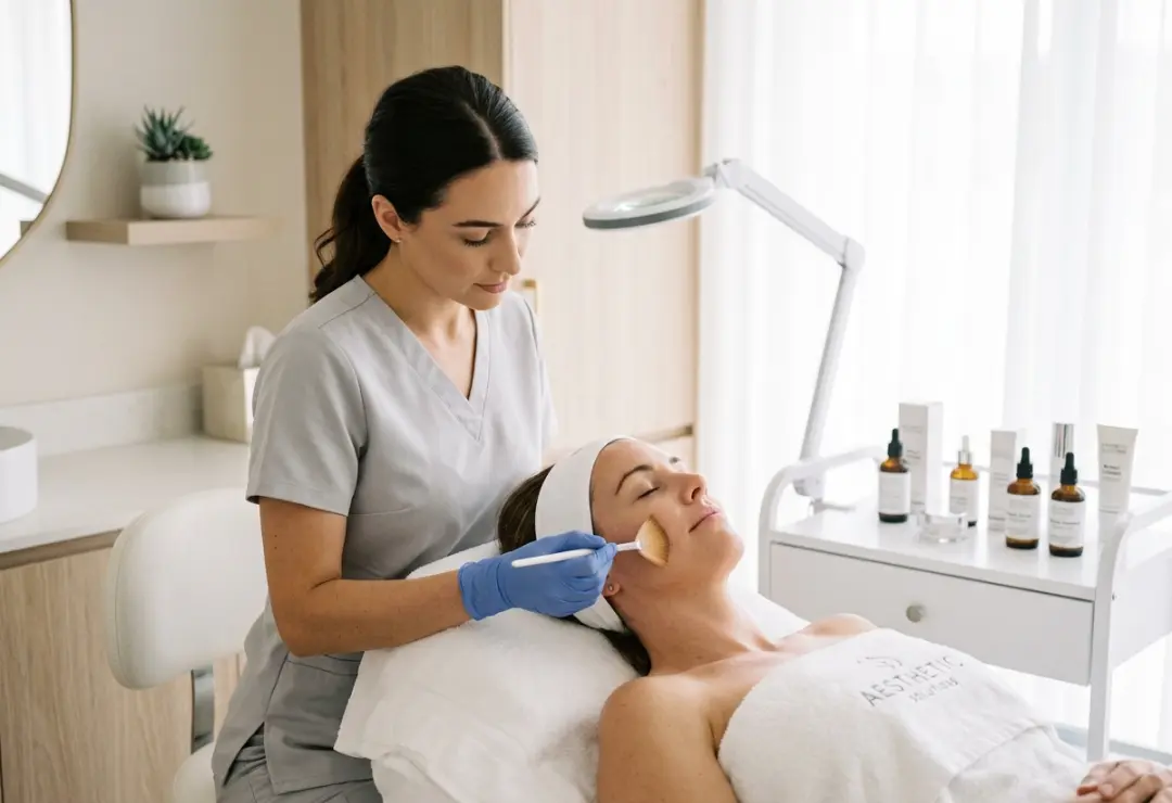 Professional retinol peel treatment being applied to a patient in a luxury skincare clinic