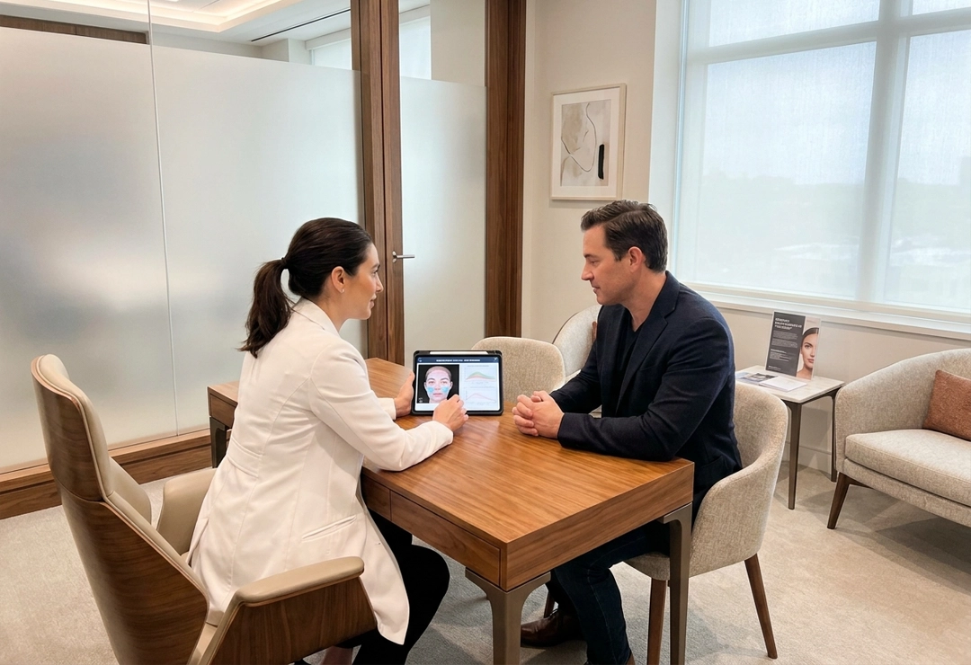 Patient consulting with a specialist about scar revision with fat transfer treatment in a luxury clinic