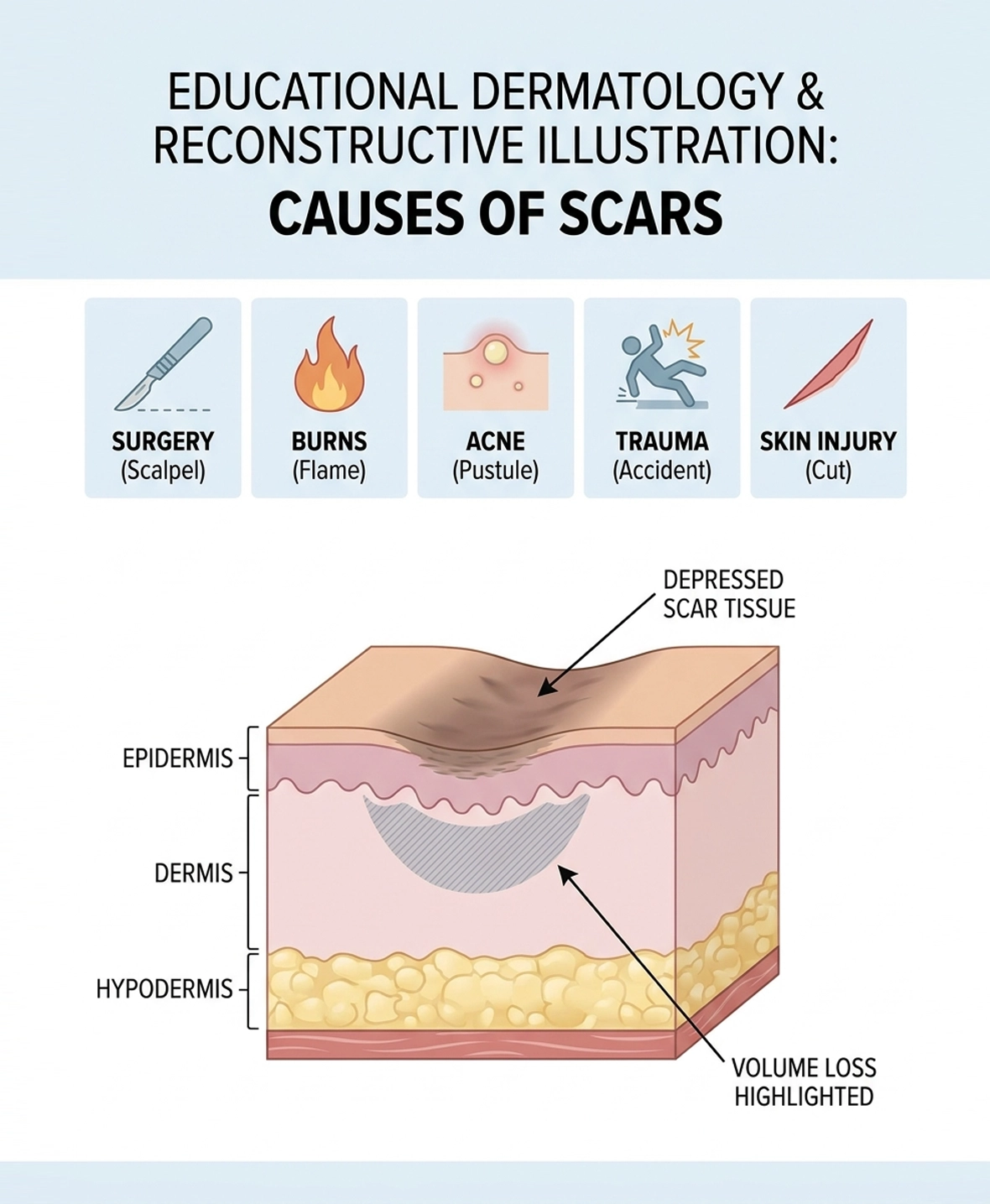 Common causes of scarring and tissue irregularities including surgery, acne, and trauma