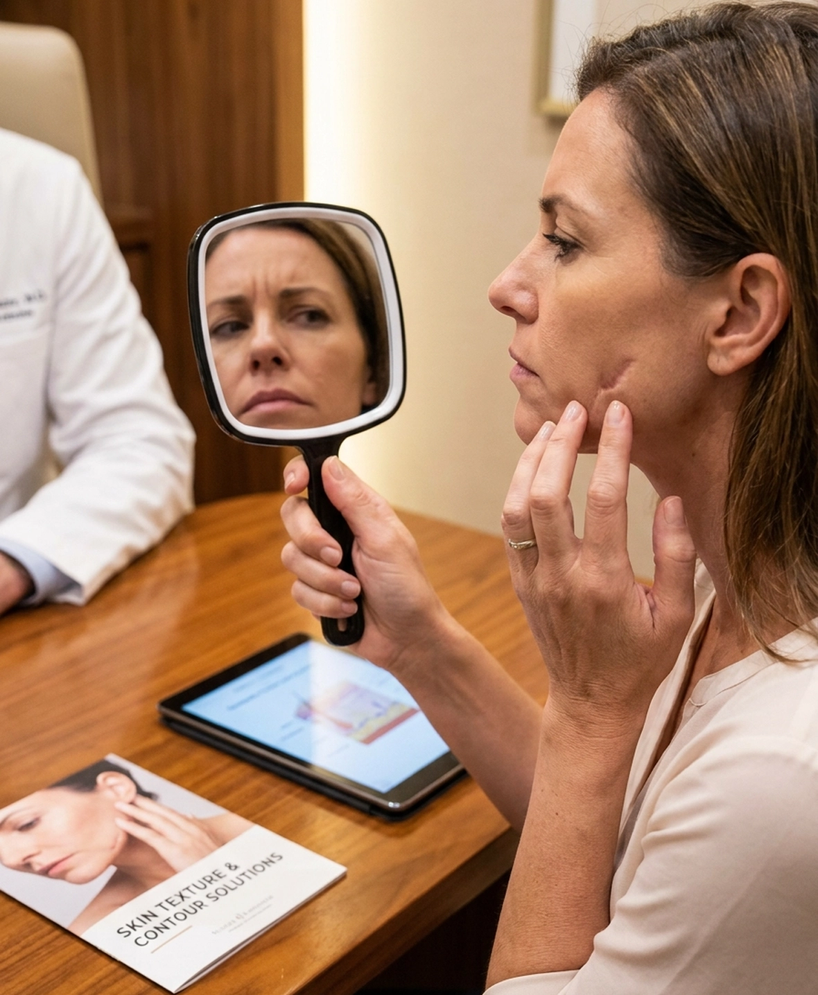 Patient examining depressed scar and uneven skin texture before scar revision treatment