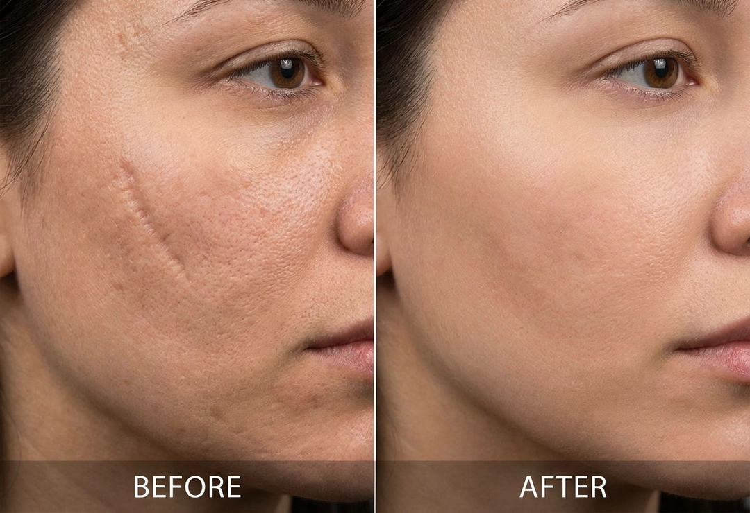 Before and after scar revision with fat transfer showing smoother skin and improved contour