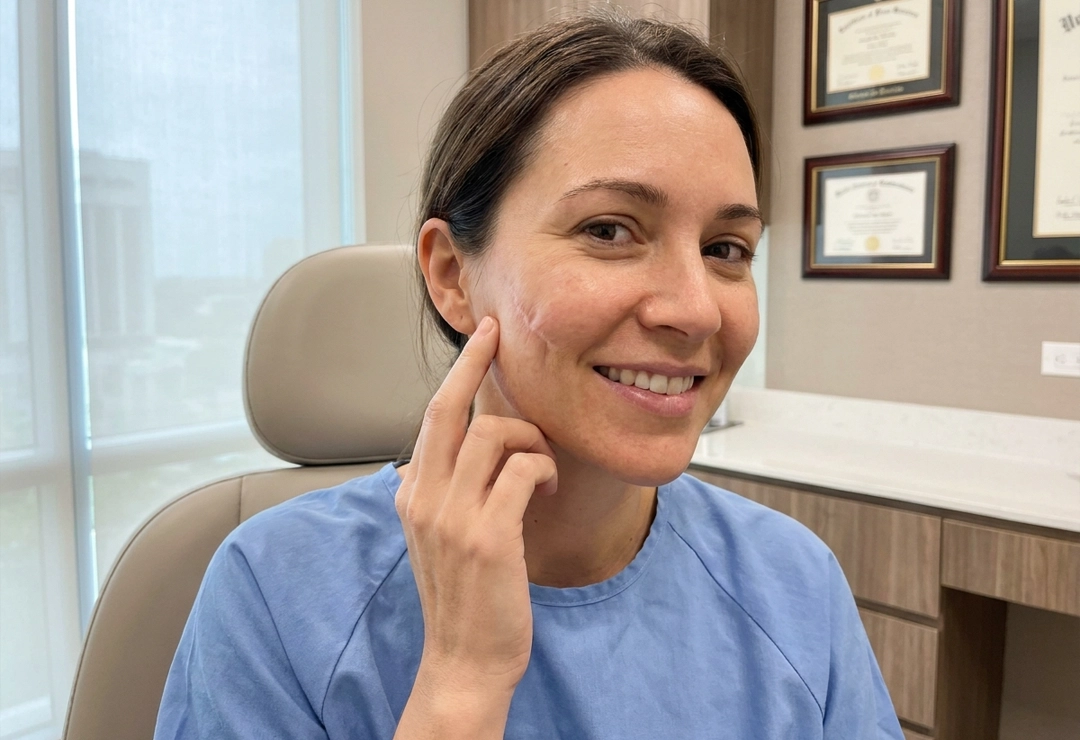 Confident patient after scar revision with fat transfer treatment showing improved skin appearance