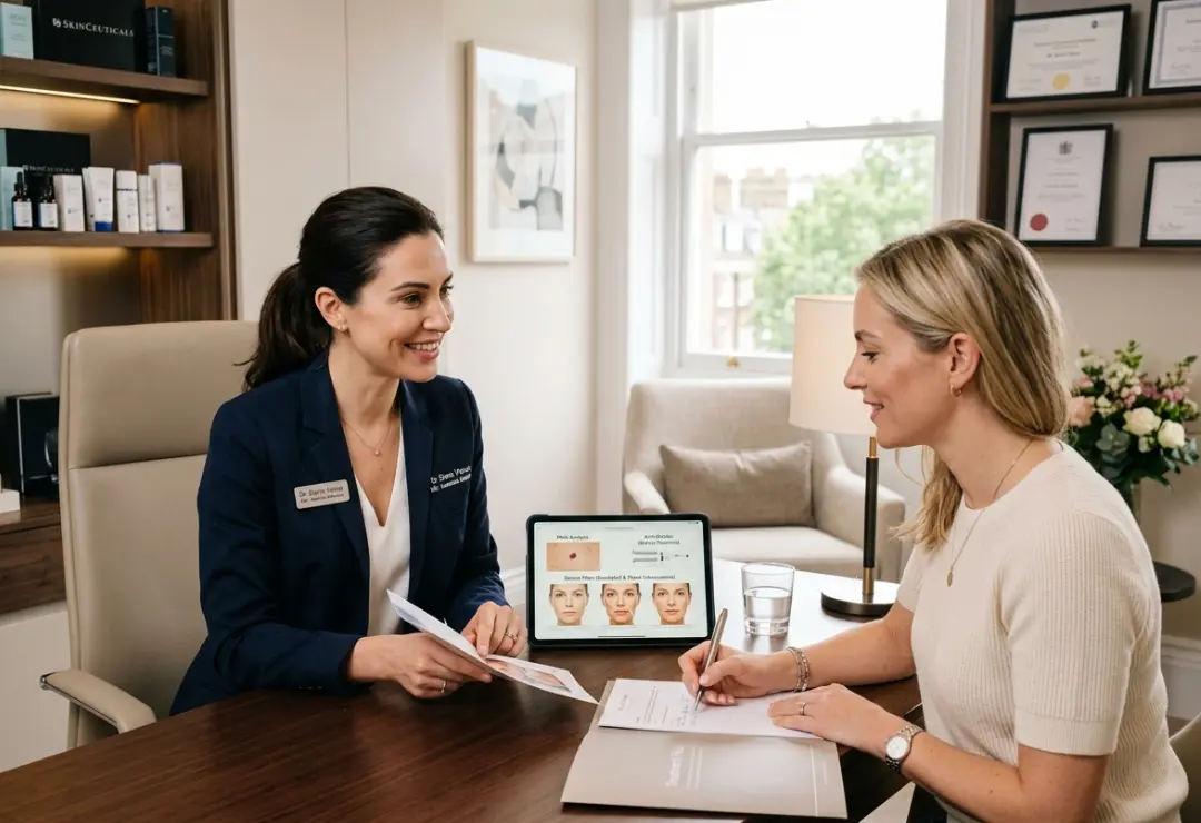 Patient attending a short cosmetic consultation in a luxury aesthetic clinic