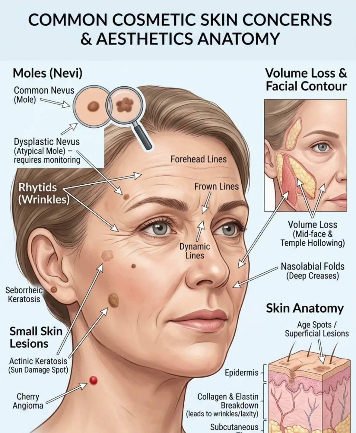 Common cosmetic skin concerns including moles, wrinkles, and small skin lesions