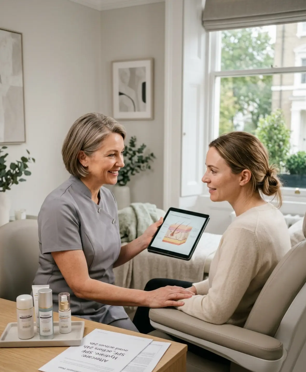 Patient receiving aftercare and treatment guidance during a cosmetic consultation
