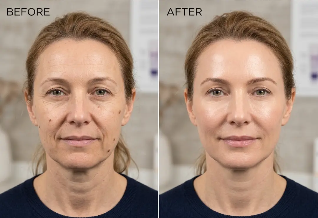 Before and after cosmetic treatment showing improved skin appearance and facial rejuvenation