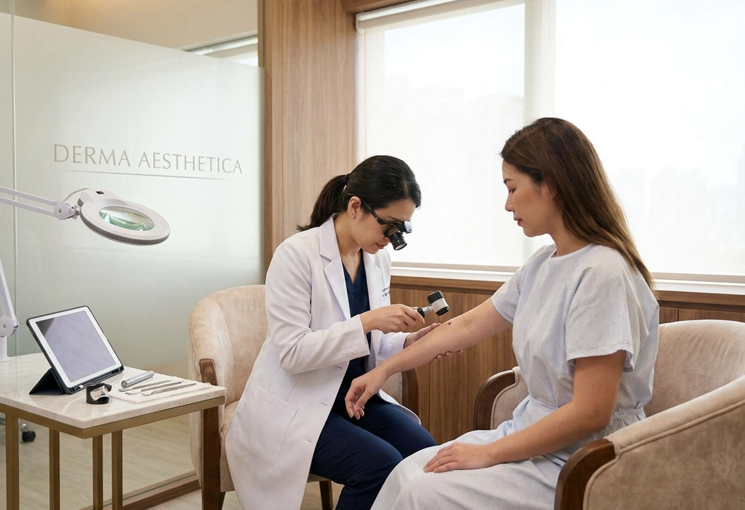Patient consulting with a skin specialist about mole removal treatment in a dermatology clinic