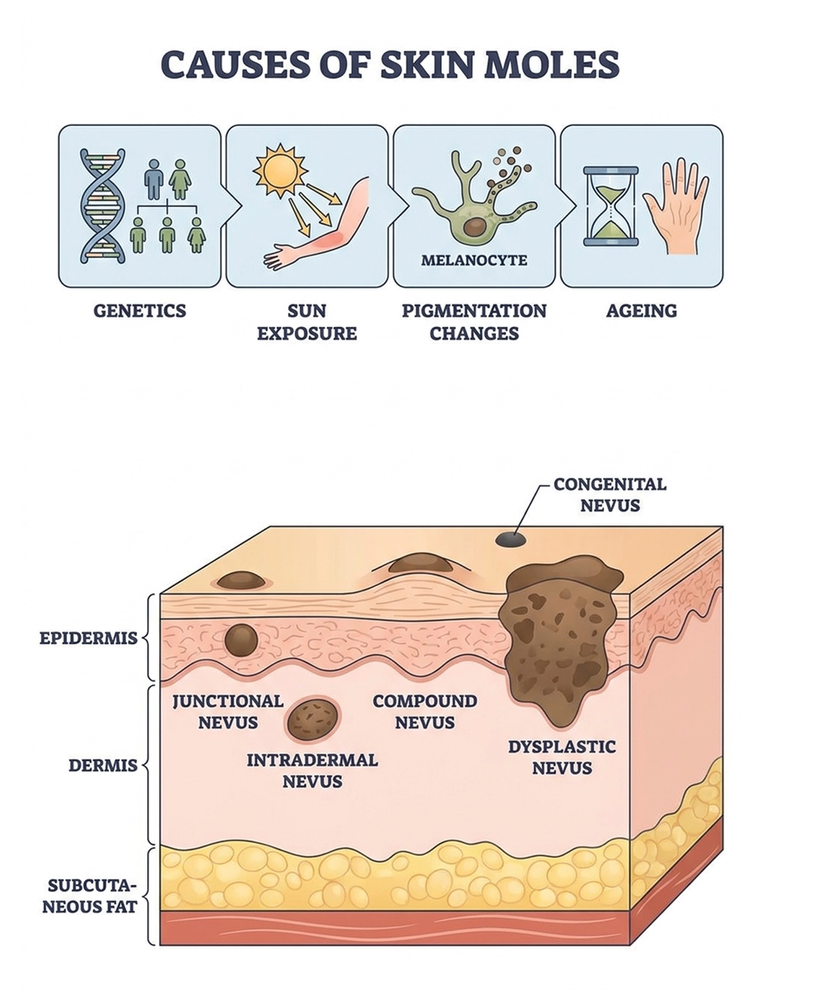 Common causes of skin moles including genetics and sun exposure