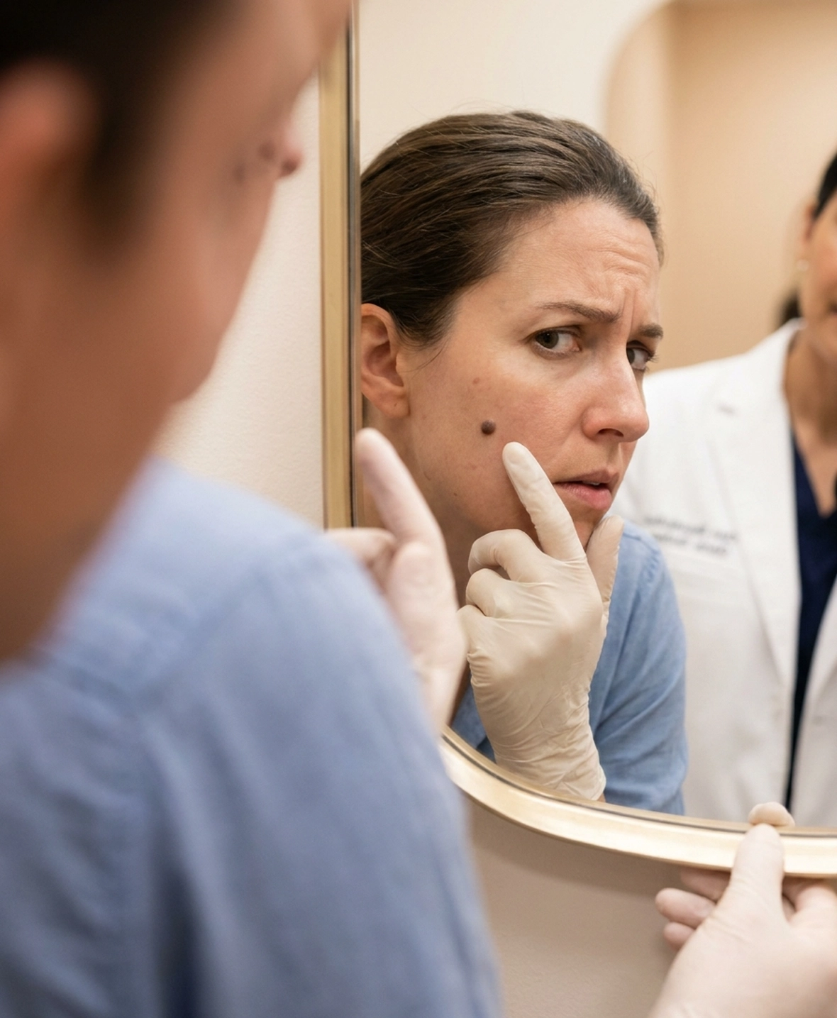 Patient examining a raised skin mole before mole removal treatment