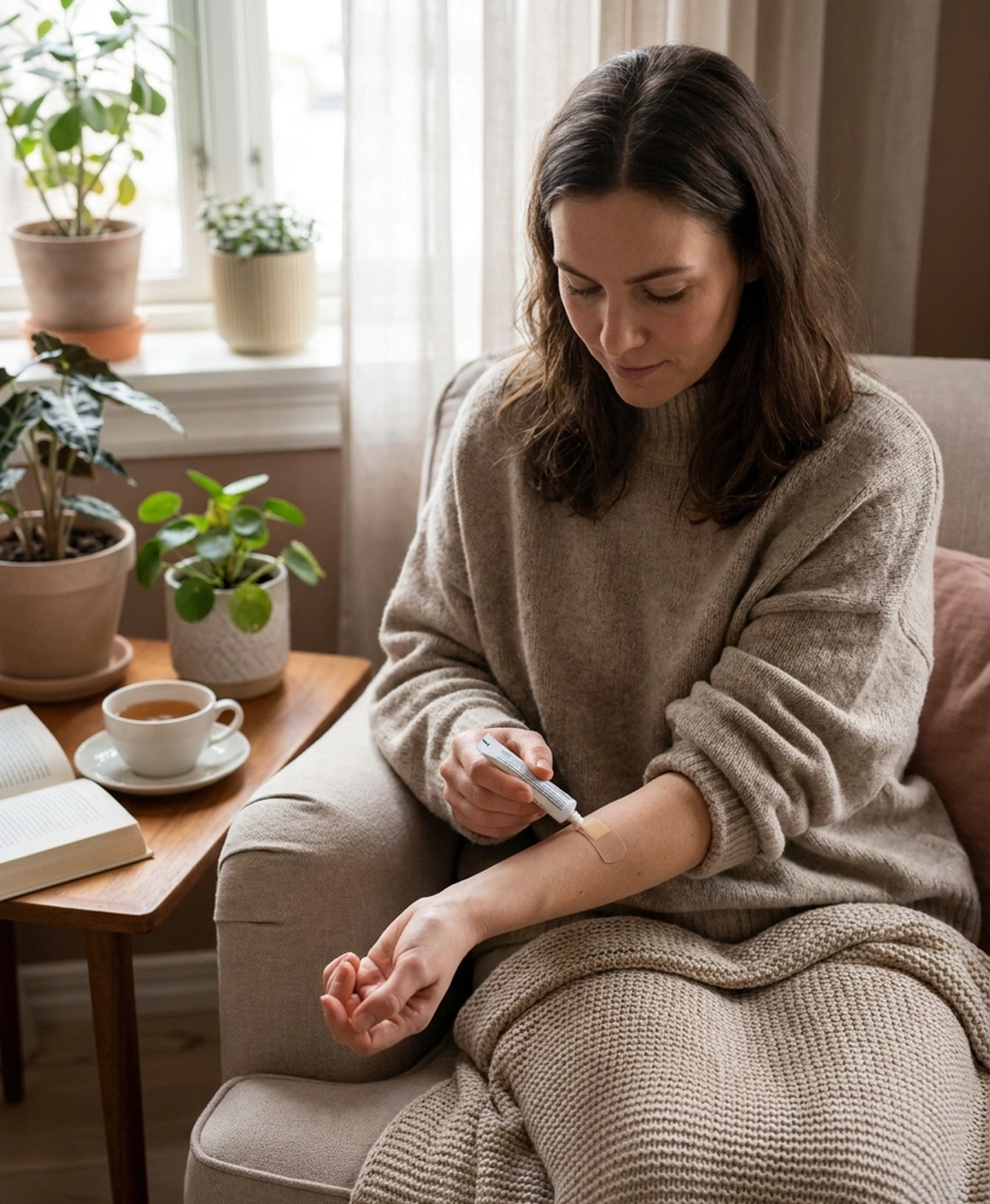 Patient caring for healing skin after mole removal treatment