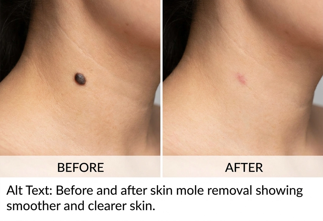 Before and after skin mole removal showing smoother and clearer skin